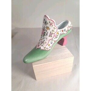 Vintage 6" Porcelain Floral Shoe Green Pink Ultra Feminine French Inspired